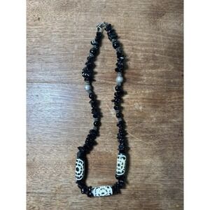 Vtg Necklace Boho Black Carved Bead Obsidian Chip And 925 Silver Goth Chunky